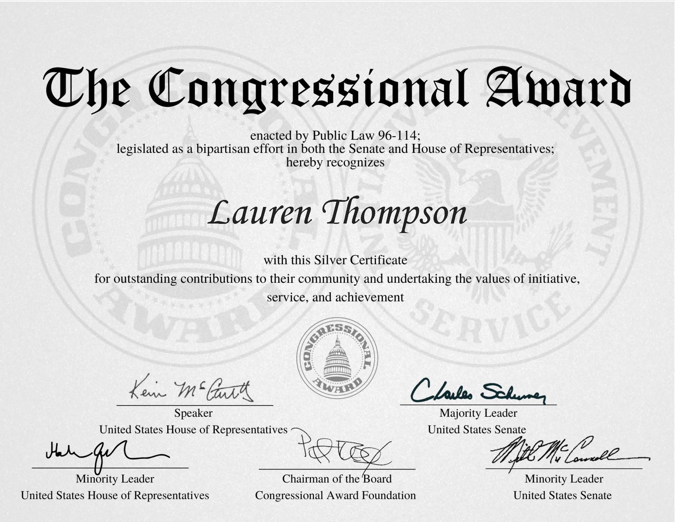 Congressional Award Silver Certificate